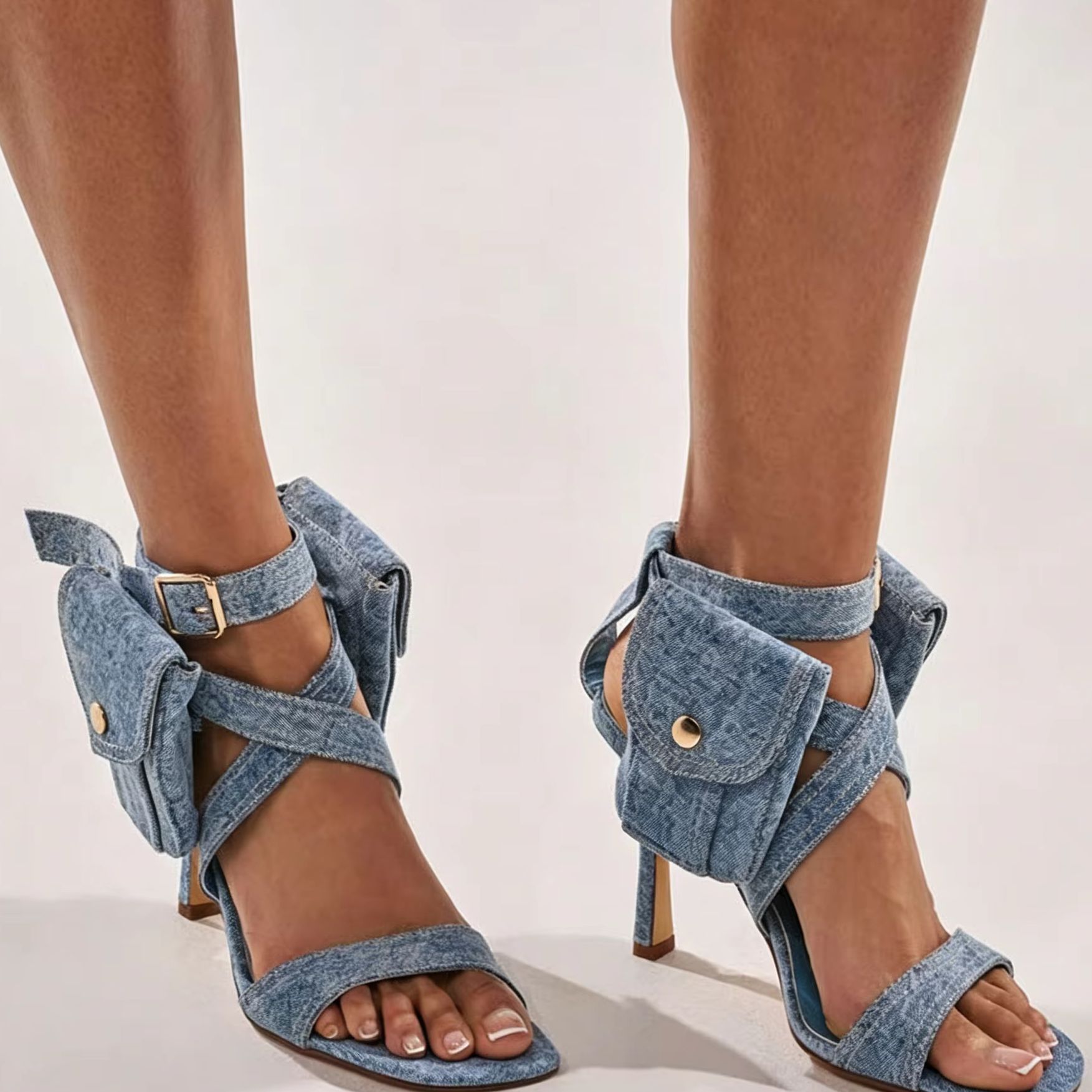 Street Fashion Ladies - Women Blue Denim Pocket Ankle Strap