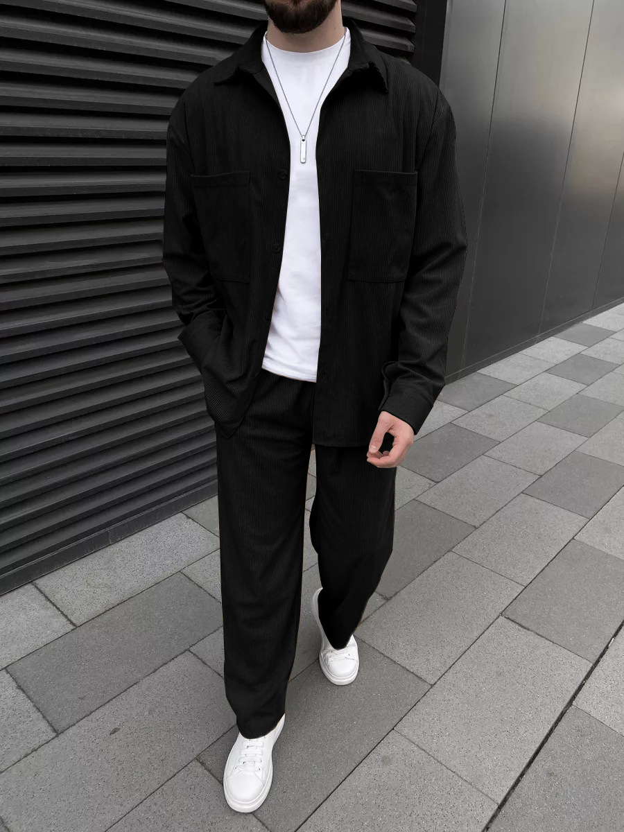 Street Fashion Outfit - Men's Corduroy Two-Piece Outfit: Long-Sleeved Button-Down