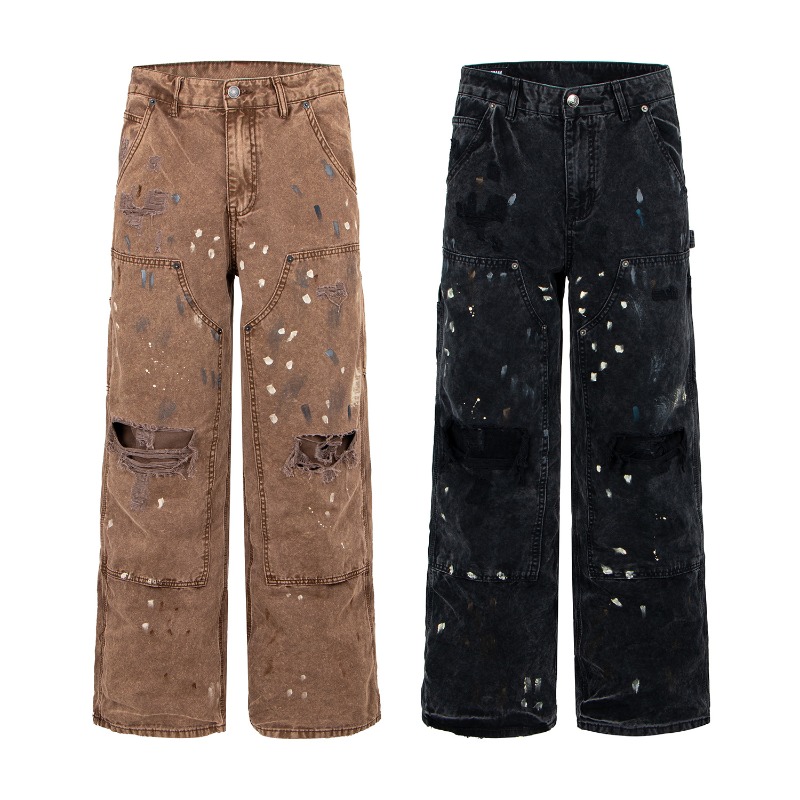 Street Fashion Jeans Men - American Retro High Street Ripped Wide