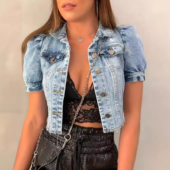 Women Denim Jacket Crop Light  - Distressed Jean Rip recension och pris