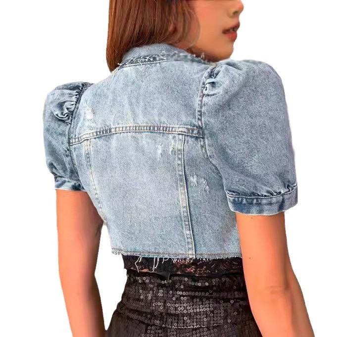 Women Denim Jacket Crop Light  - Distressed Jean Rip recension och pris